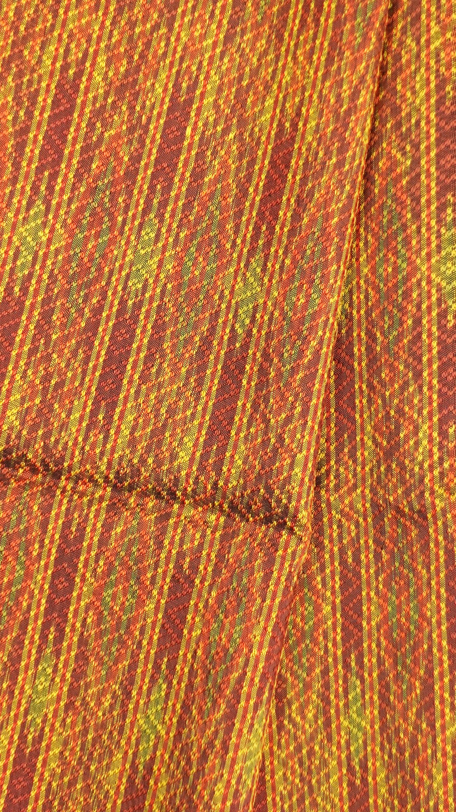 (ผ้าชุด)ไหมมัดหมี่ 6ตะกอ ไหมแท้ (ผ้าลาย 2เมตร+สีพื้น2เมตร) โทนสีส้ม รหัส L8A-ME-066-1222673