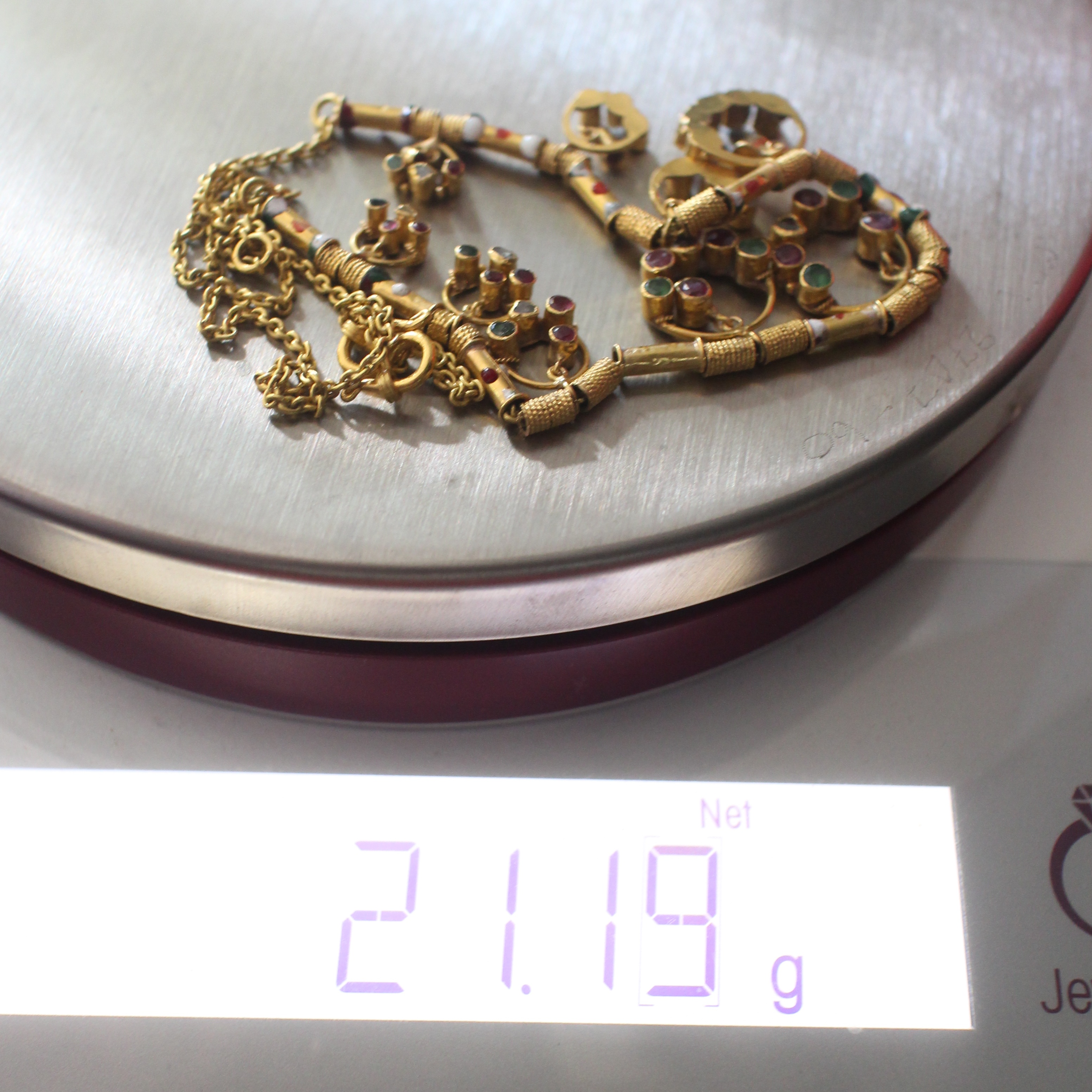 NL25263 สร้อยคอลูกไม้ปลายมือสามสี ทับทิม มรกต เพชรซีก ทองแท้ 90% นน.รวม 21.19 กรัม ยาว 16-17 นิ้ว