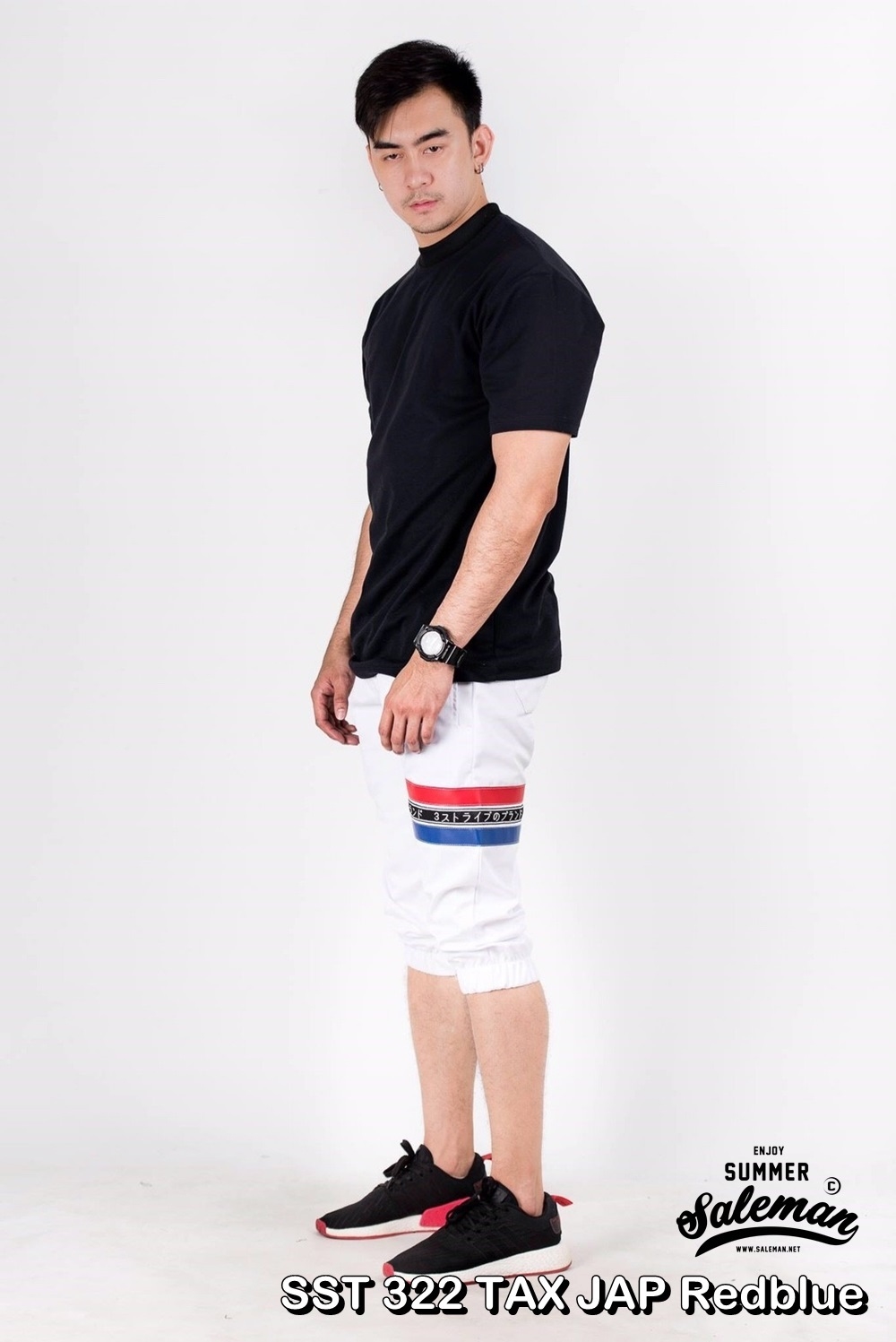 กางเกงสามส่วน พรีเมี่ยม ผ้า COTTON รหัส SST 322 TAX JAP RedBlue สีขาว แถบแดงน้ำเงิน