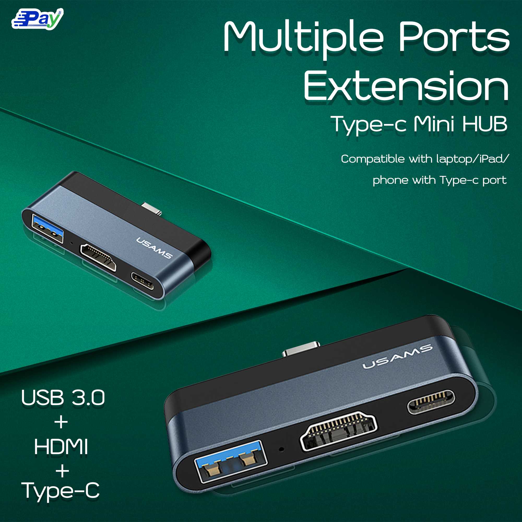 CABLE USB HUB 3in1 Type-C+USB to HDMI Grey US-SJ492 USAMS หัวแปลง อะแดปเตอร์ อะแดปเตอร์ฮับ ของแท้