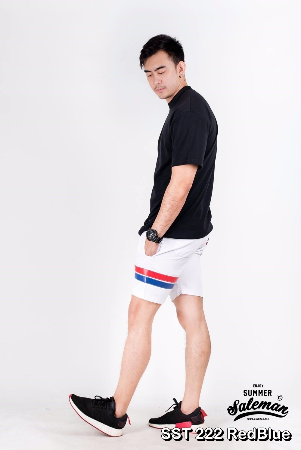 กางเกงขาสั้น พรีเมี่ยม ผ้า COTTON รหัส SST 222 RedBlue สีขาว แถบแดงน้ำเงิน