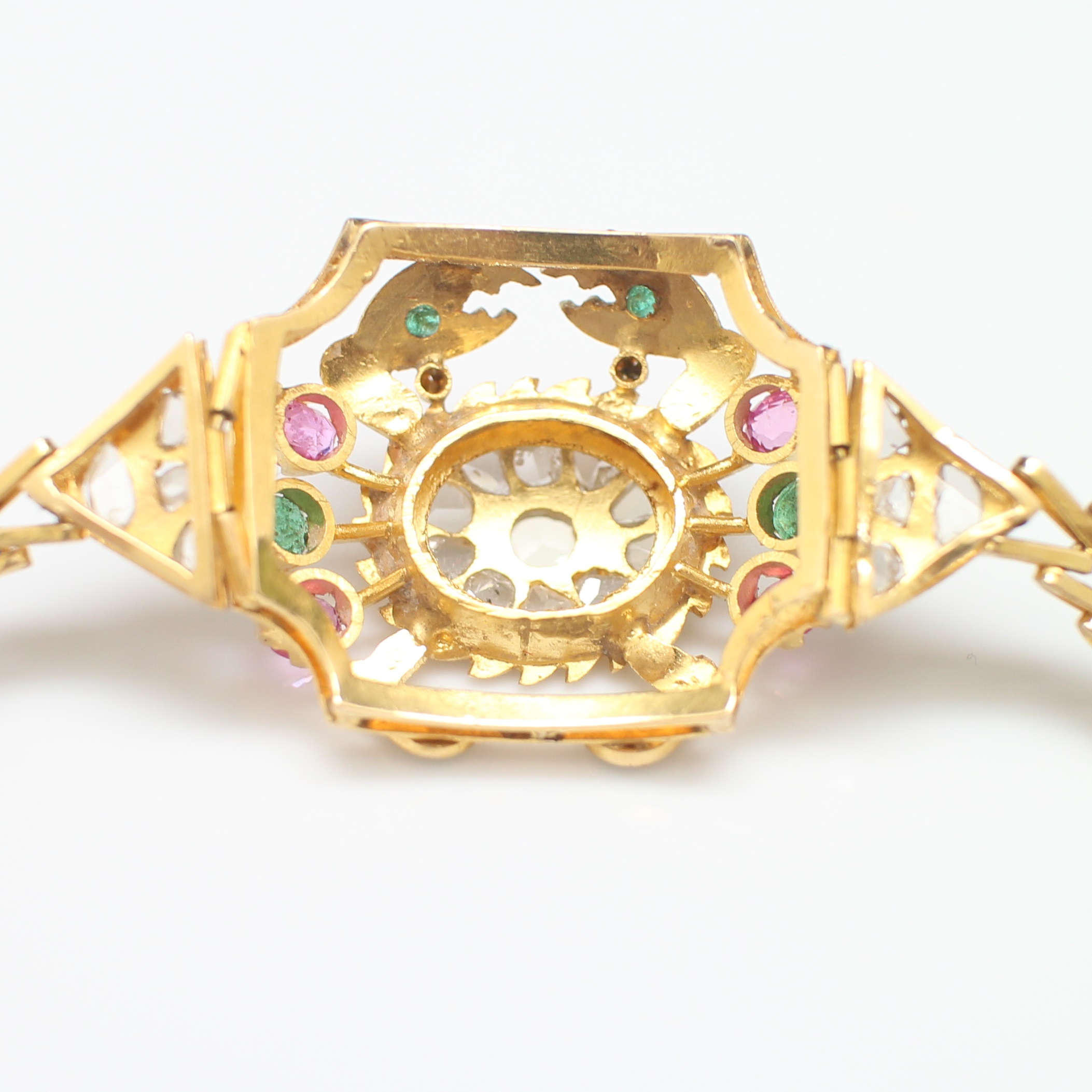 BL25135 สร้อยข้อมือปูพลอยสามสี ทับทิม มรกต เพชรซีก ทองแท้ 90% นน.รวม 18.3 กรัม ยาว 17 ซม.