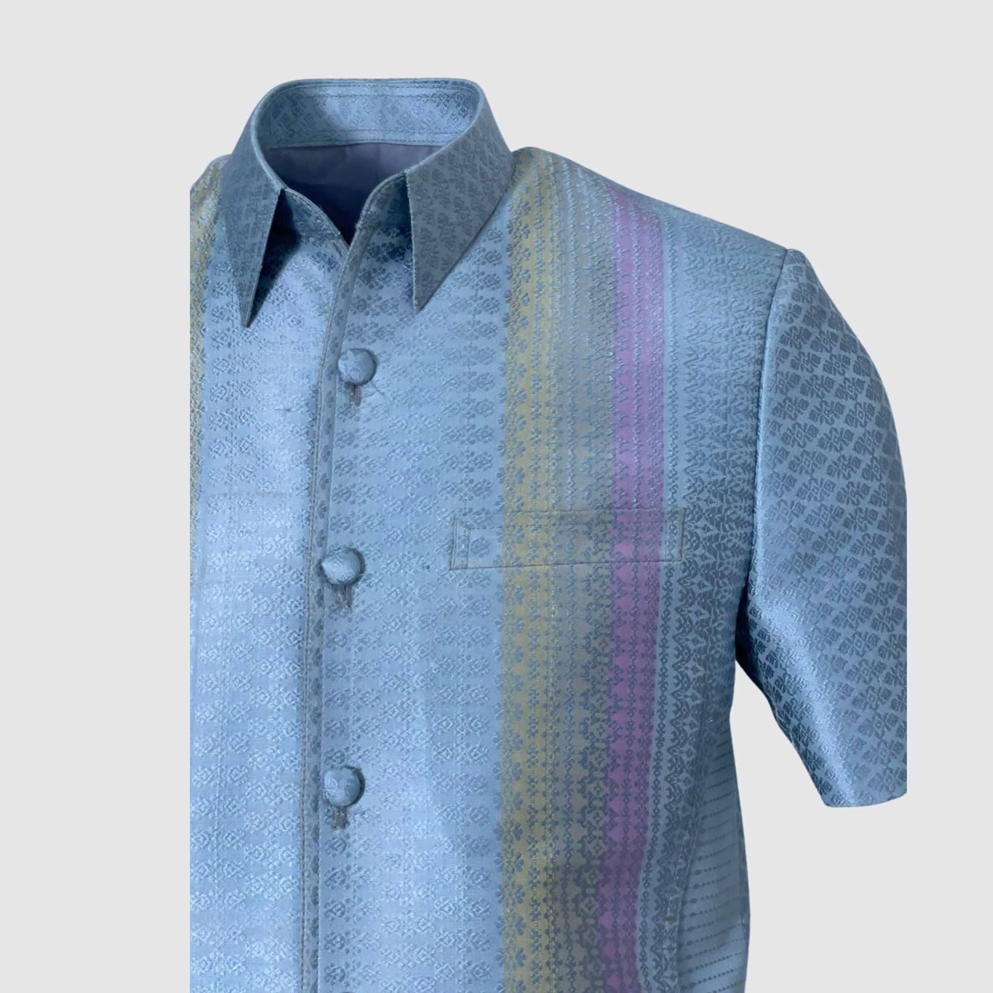 เสื้อสูทซาฟารี แขนสั้น ไหมยกดอกสุรินทร์ | ตัดเย็บตามรูปร่าง | เลือกสีผ้า ส่งไซส์ได้