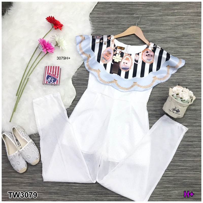 จั้มสูทขายาว Wila ทรงคลุมไหล่ระบาย ลายแมว BoRichTa TW3079