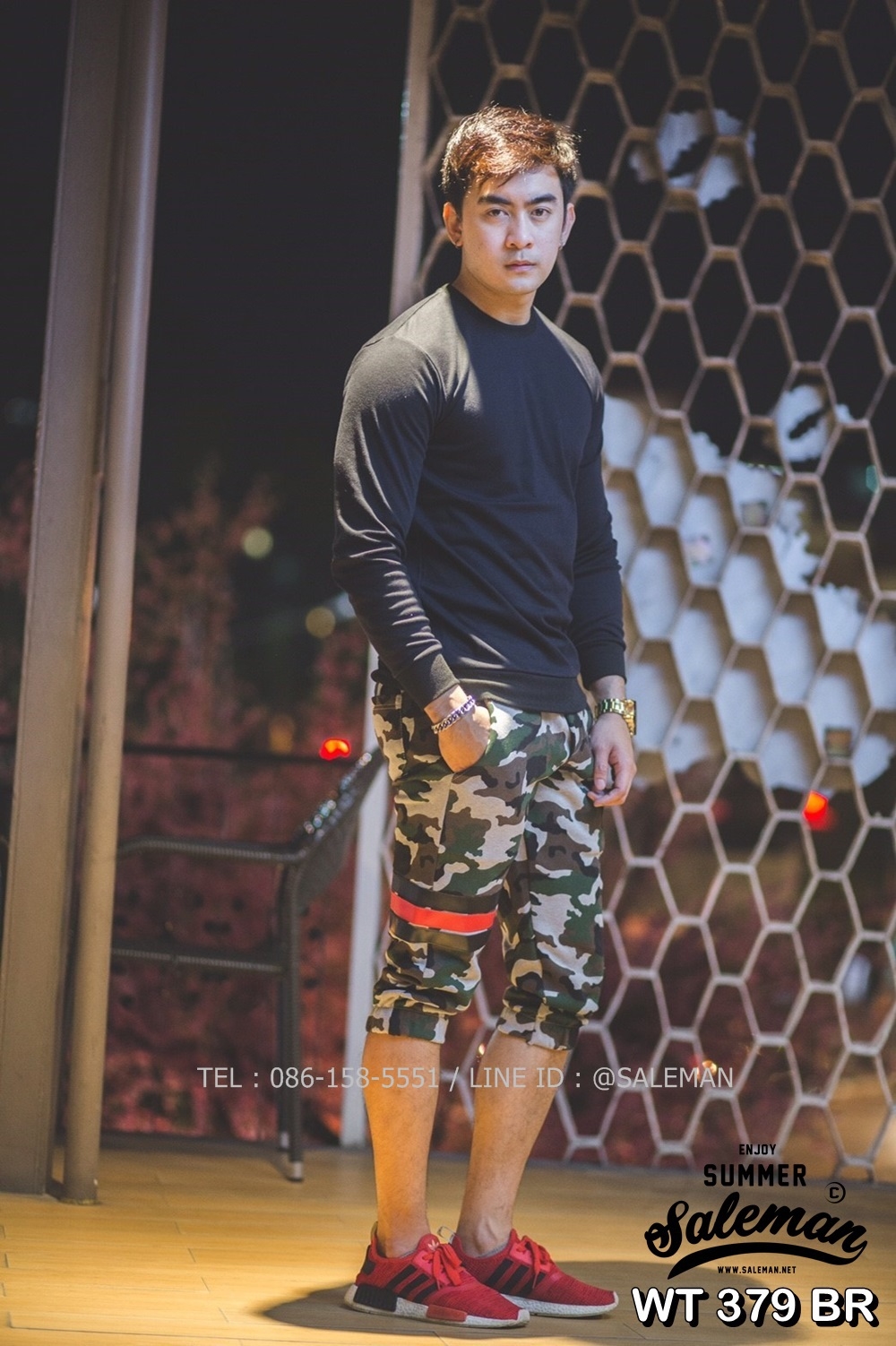 กางเกง Jogger ขาจั๊มสามส่วน พรีเมี่ยม ผ้า วอร์ม รหัส WT 379 BR สีทหาร แถบ ดำ แดง