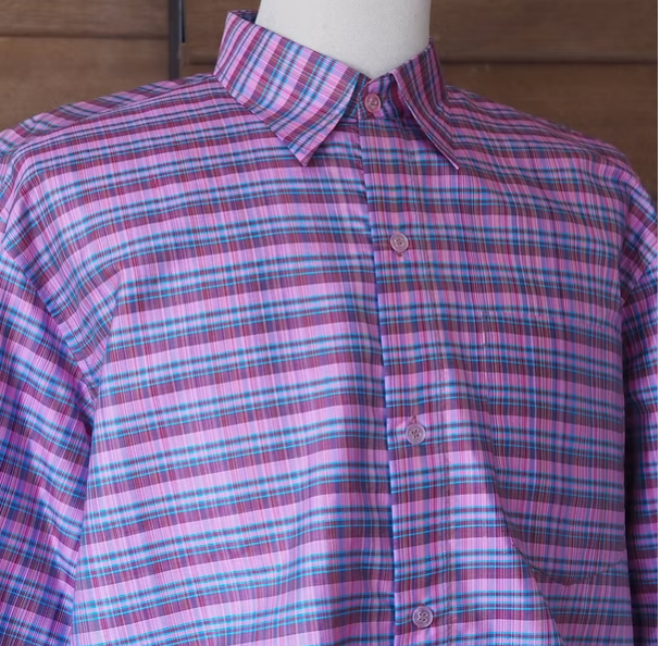 เสื้อเชิ้ตแขนยาว ผ้าไหมลายสก๊อต สีชมพูสลับม่วง รหัส DN-CT-SKU100845