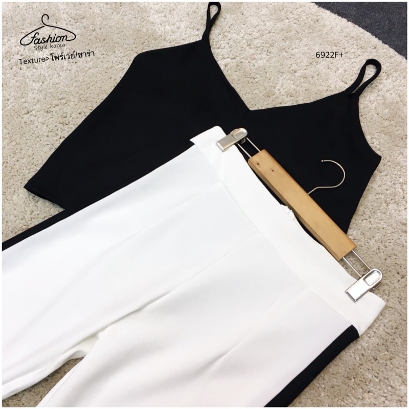Set เสื้อสายเดี่ยว + กางเกงแต่งแถบ TW6922-ดำ