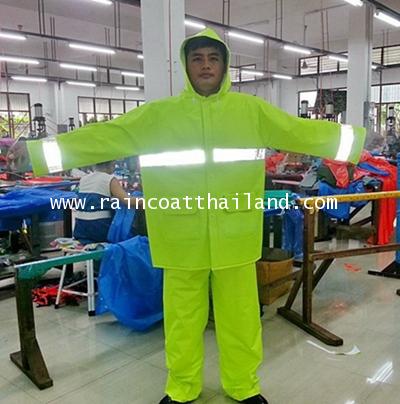 เสื้อกันฝนผู้ใหญ่ผ้าลามิเนตอย่างดี แบบชุดเสื้อและกางเกง สีเขียวสะท้อนแสง