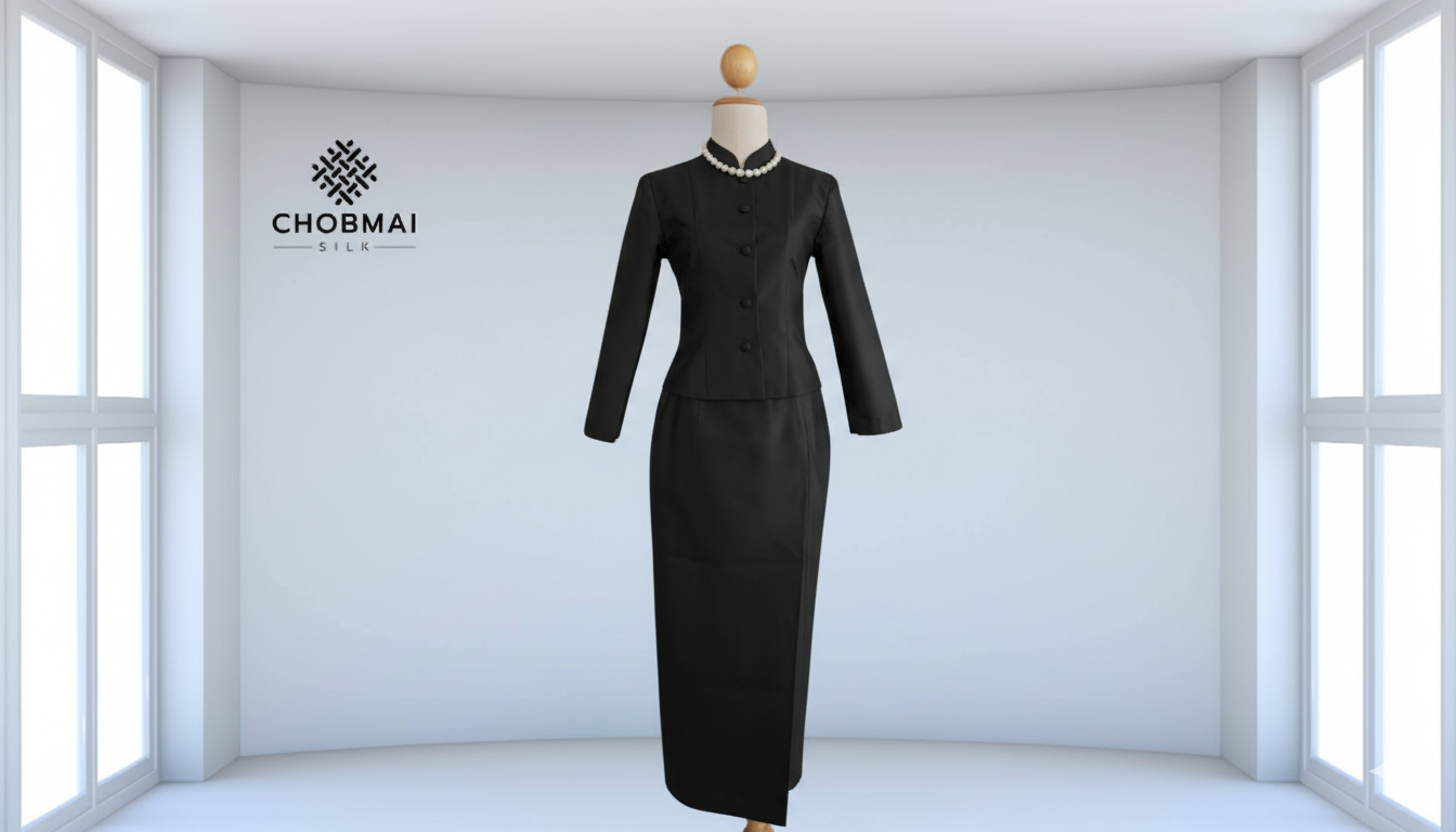 ชุดไทยจิตรลดา เสื้อ+ผ้าถุงป้าย | ตัดเย็บตามรูปร่าง ผ้าไหมสีพื้น เนื้อเรียบ สีดำสนิท ไหมแท้ 100% | ส่งไซส์ได้