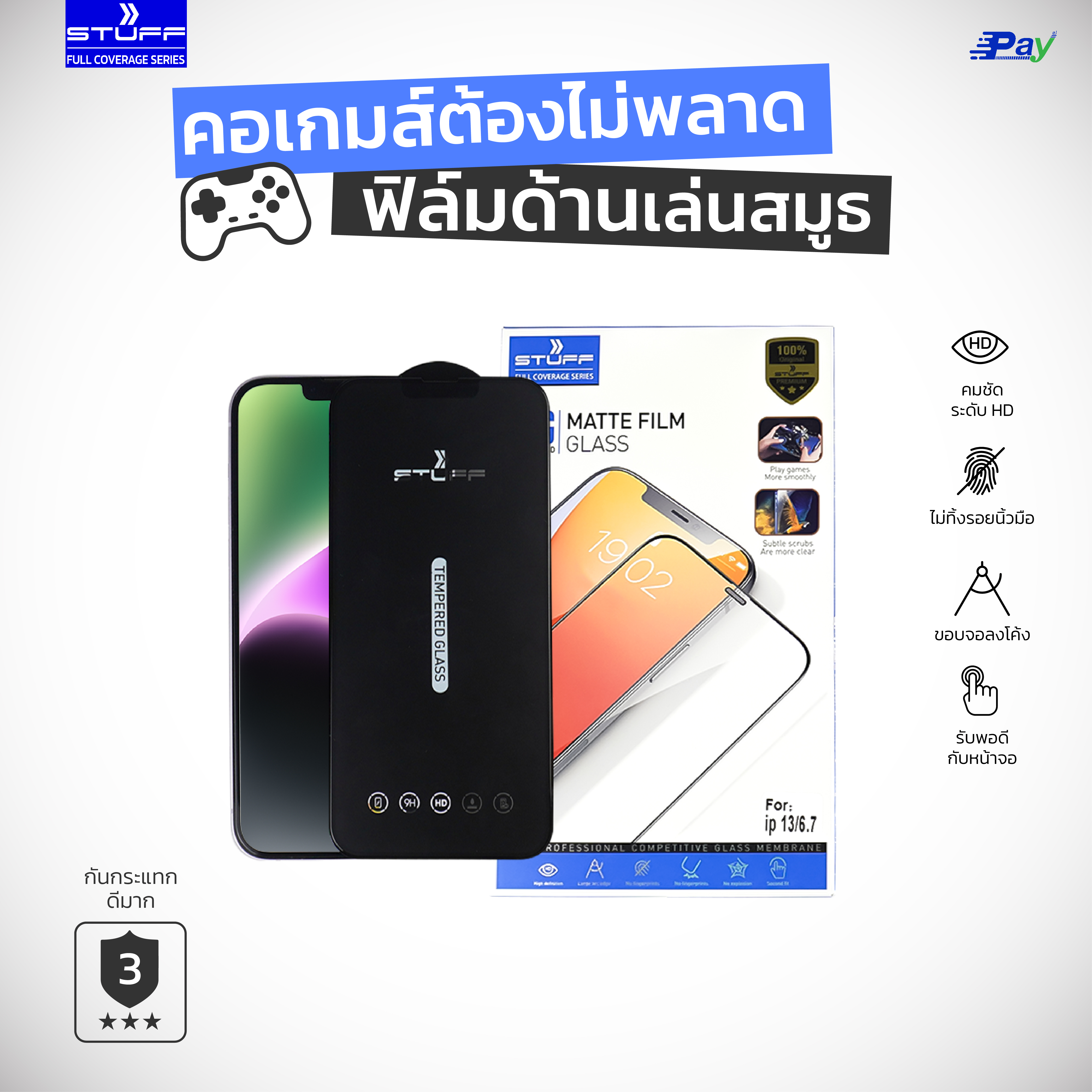 STUFF ฟิล์มกันรอย กระจก เต็มจอ ด้านขอบเงา ฟิล์มด้าน สำหรับ iPhone14ProMax/14Pro/14Plus/14/13ProMax/13Pro/13mini/13/12ProMax/12Pro/12/12mini/11