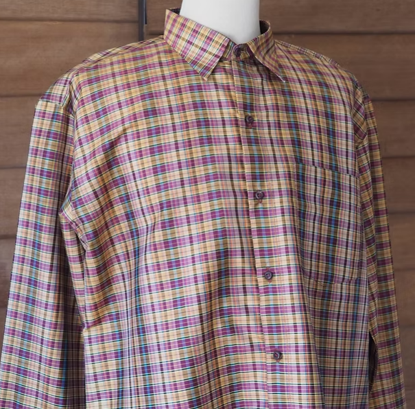 เสื้อเชิ้ตแขนยาว ผ้าไหมลายสก๊อต สีม่วงสลับเหลือง รหัส DN-CT-SKU100853