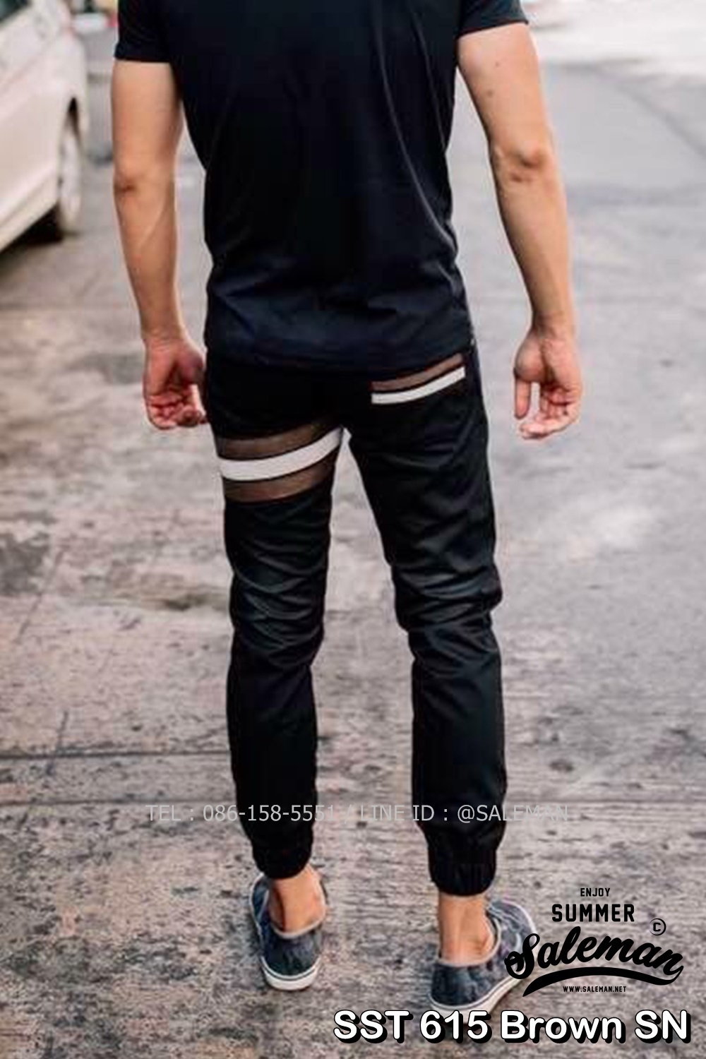 กางเกง JOGGER พรีเมี่ยม ผ้า COTTON รหัส SST 615 Brown SN สีดำ แถบน้ำตาลงู