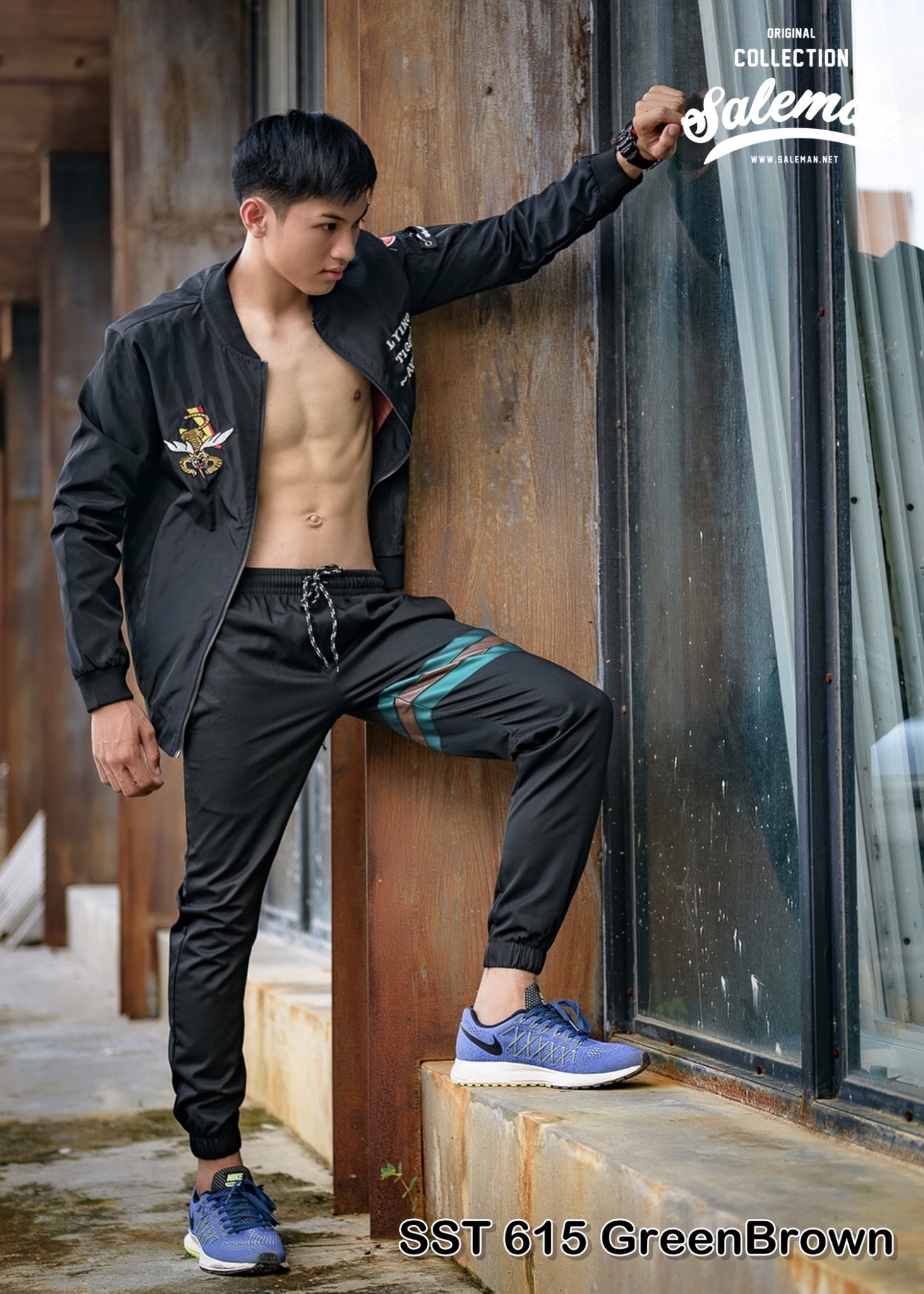 กางเกง JOGGER พรีเมี่ยม ผ้า COTTON 100% รหัส SST 615 GreenBrown สีดำ แถบเขียวน้ำตาล