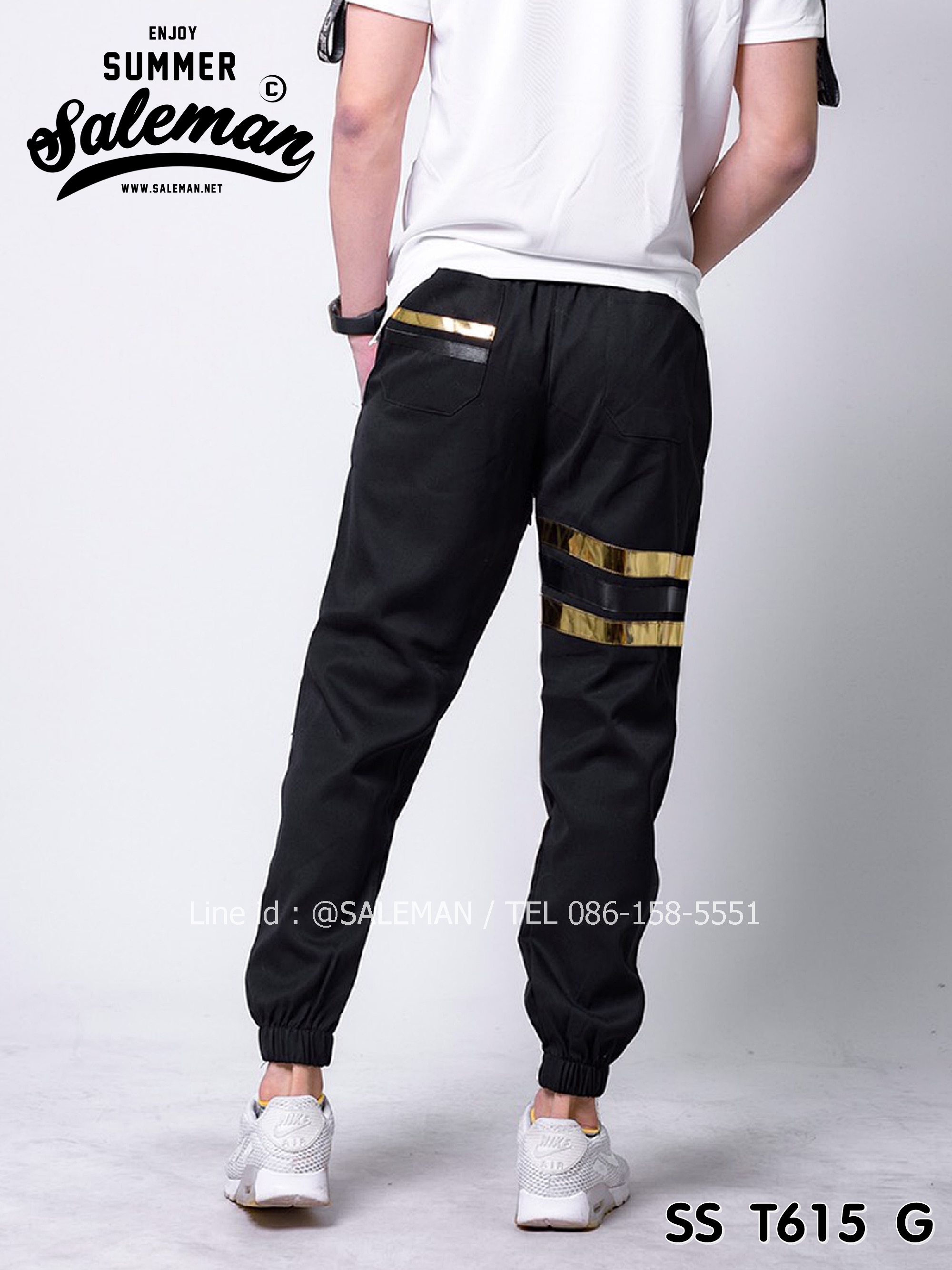 กางเกง JOGGER พรีเมี่ยม ผ้า COTTON รหัส SST 615 G สีดำ แถบทอง SUMMER SALE