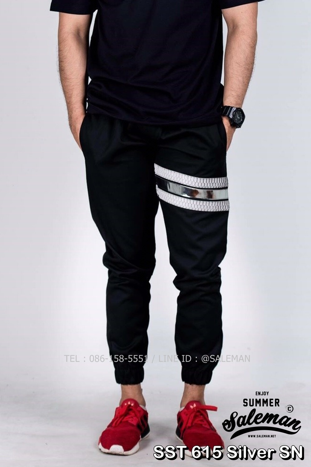 กางเกง JOGGER พรีเมี่ยม ผ้า COTTON รหัส SST 615 Silver SN สีดำ แถบงูเงิน