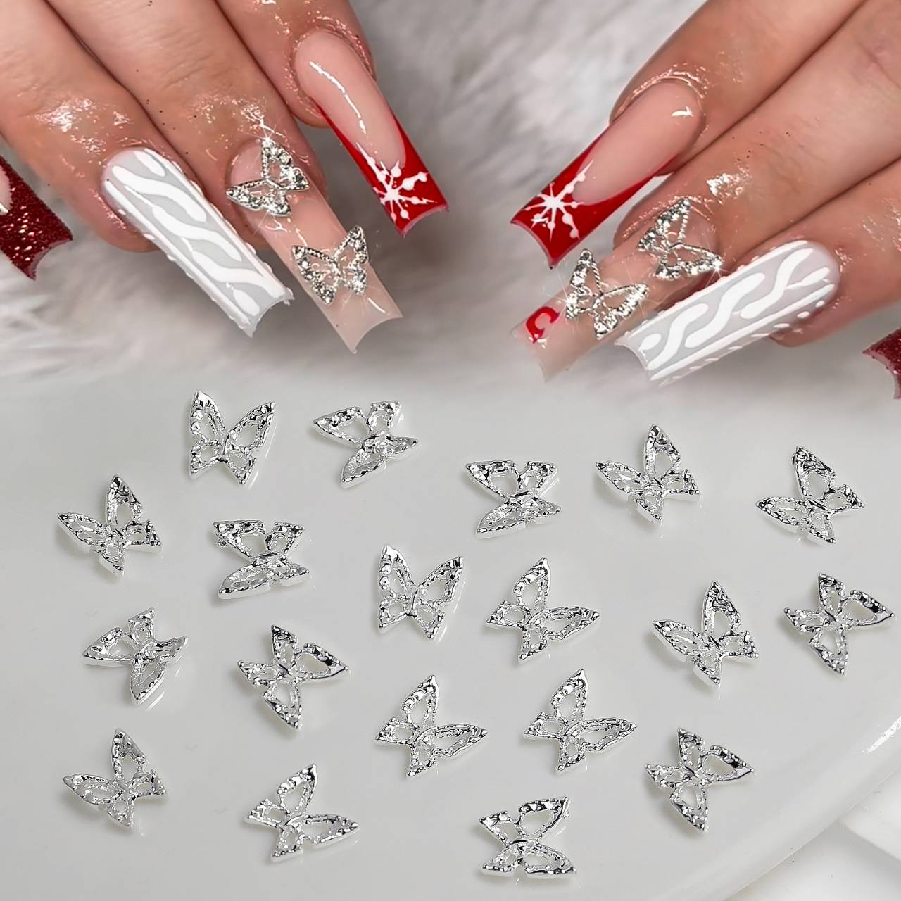 อะไหล่ติดเล็บผีเสื้อ เครื่องประดับเล็บ ผีเสื้อเพชร เงิน-ทอง 3D Nail Art