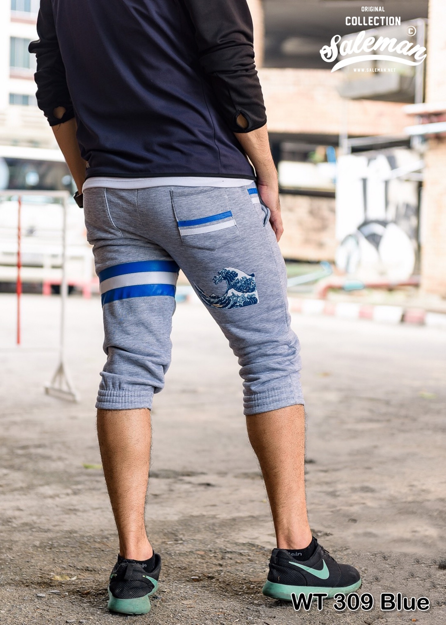 กางเกงสามส่วน พรีเมี่ยม ผ้า วอร์ม รหัส WT309 ฺฺBlue สีเทา แถบฟ้า