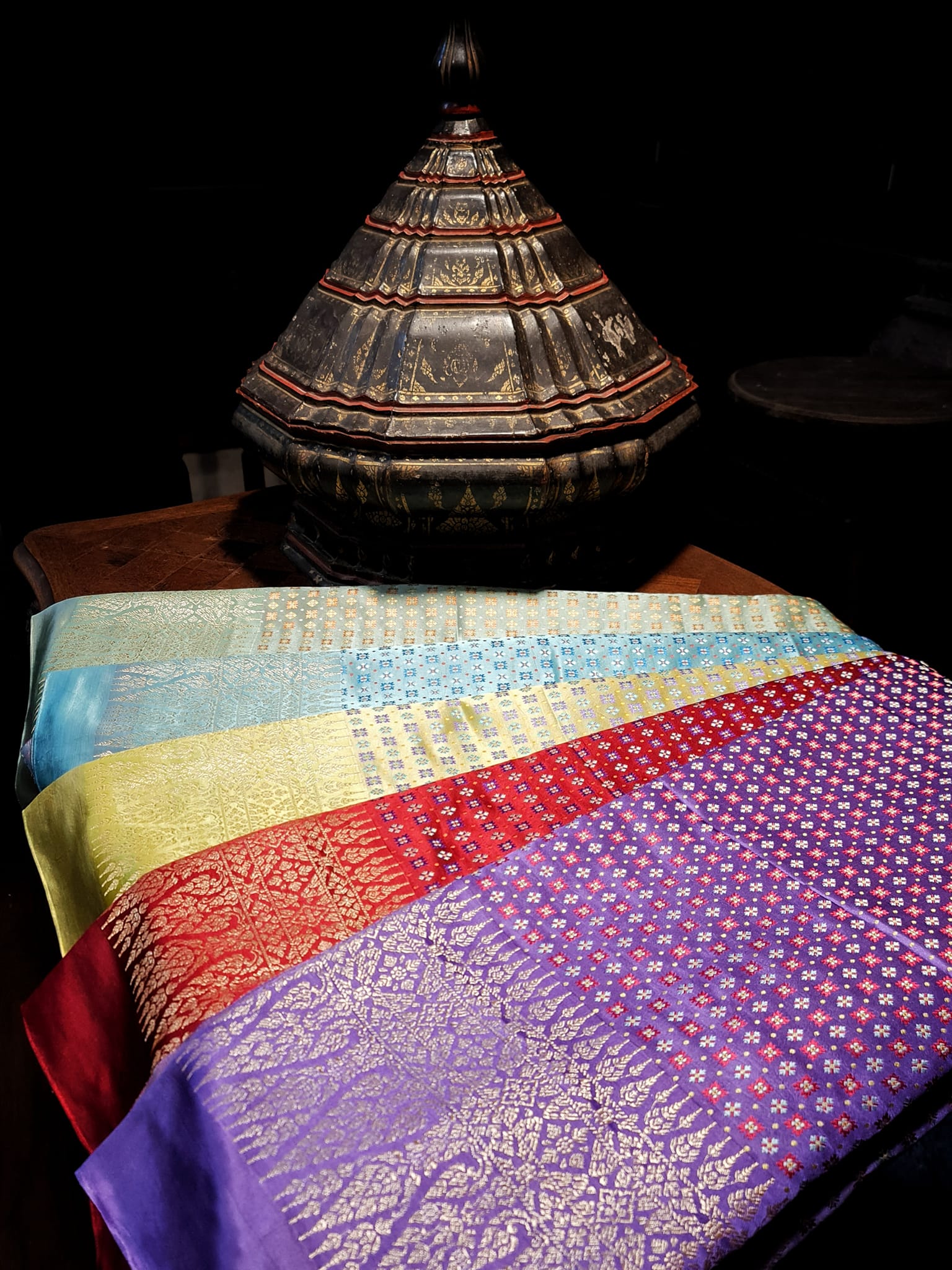 ซิ่น ผ้ายกไหม หน้านาง เชิงยกทอง ขนาด 1x2เมตร ลายประจำยามดอกสี่กลีบ สีเหลือง รหัส N12-24-0930663