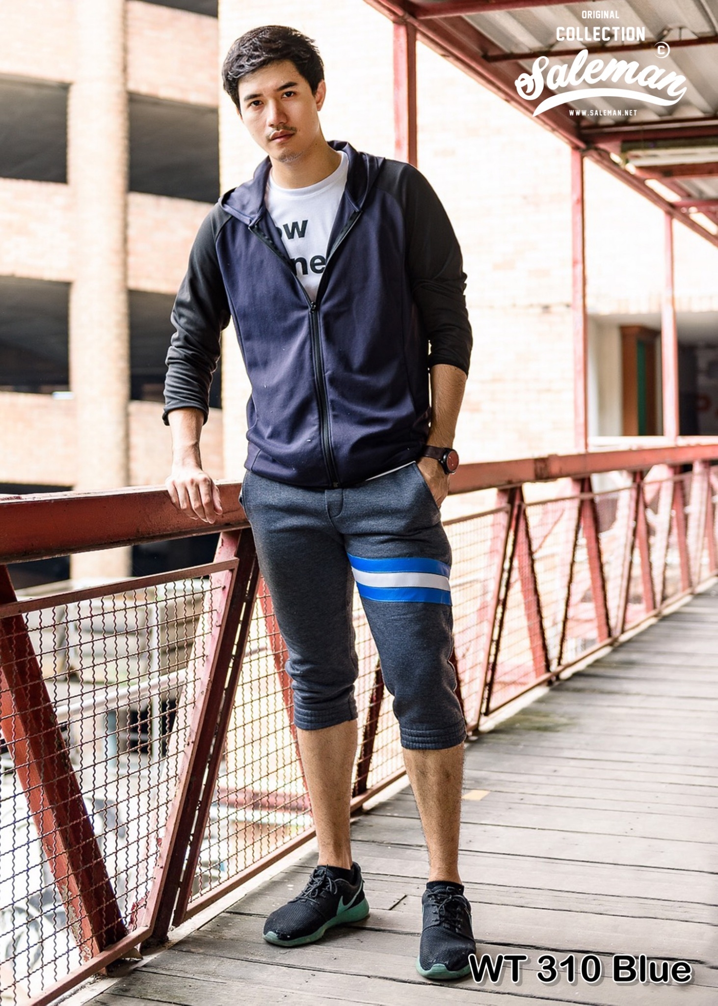 กางเกงสามส่วน พรีเมี่ยม ผ้าวอร์ม รหัส WT310 Blue สีเทาเข้ม แถบฟ้า