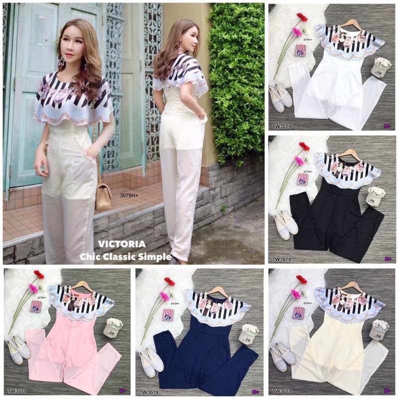 จั้มสูทขายาว Wila ทรงคลุมไหล่ระบาย ลายแมว BoRichTa TW3079