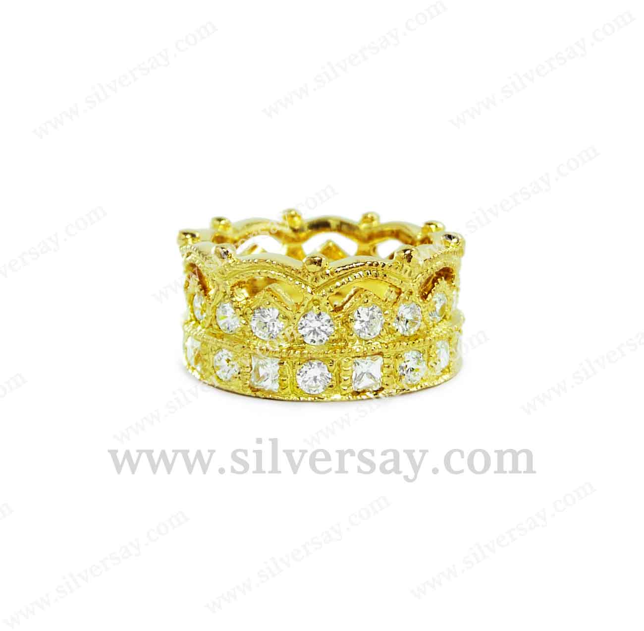 แหวนมงกุฎฝังเพชรสวิสทรงกลม&สี่เหลี่ยมรอบวง/สีทองคำ22k