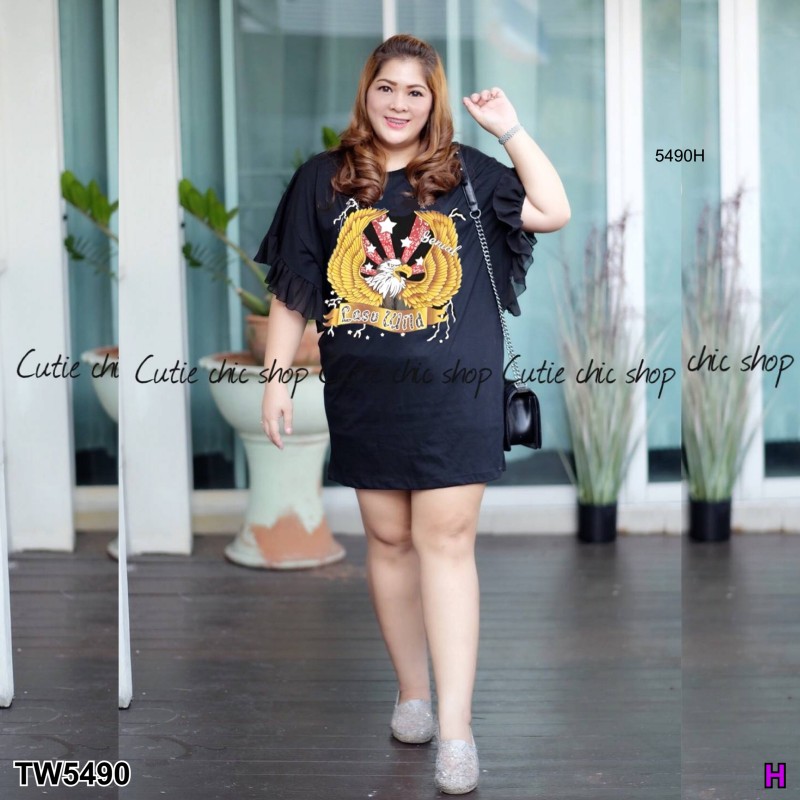 Dress #สาวอวบ แต่งแขนชีฟองระบาย สกรีนลายนก Lasu Wild TW5490