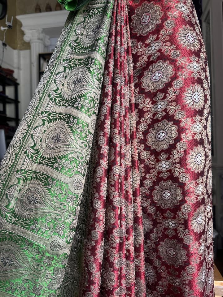 ซิ่น ผ้าปาโตล่า เส้นยืนไหมแท้ ขนาด 112x460ซม พื้นสีเขียว สีแดง รหัส N9-SIL0712665