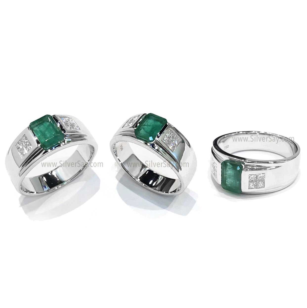 แหวนผู้ชาย แหวนมรกตแท้ Emerald cut 6x8 มม. บ่าข้างฝังเพชรแท้สี่เหลี่ยมพริ้นเซสคัท 2x2 มม. ทองคำขาวแท้ 18k White gold