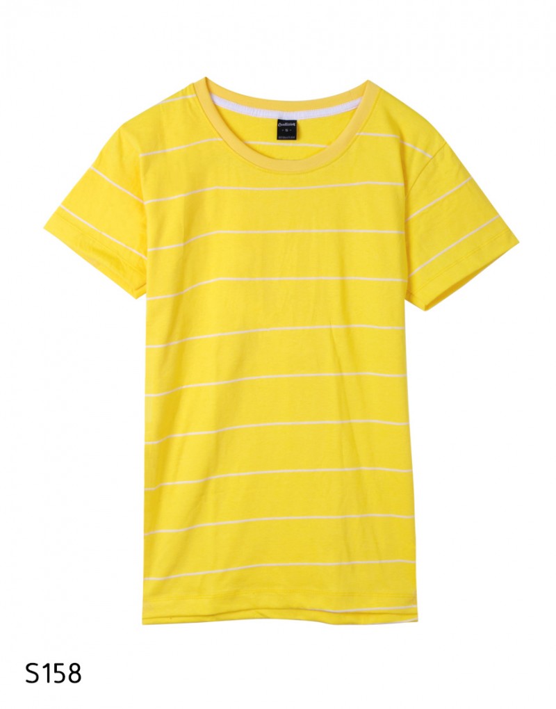 เสื้อยืดคอกลมลายทาง S158 (สีพื้นเหลืองเส้นขาว)