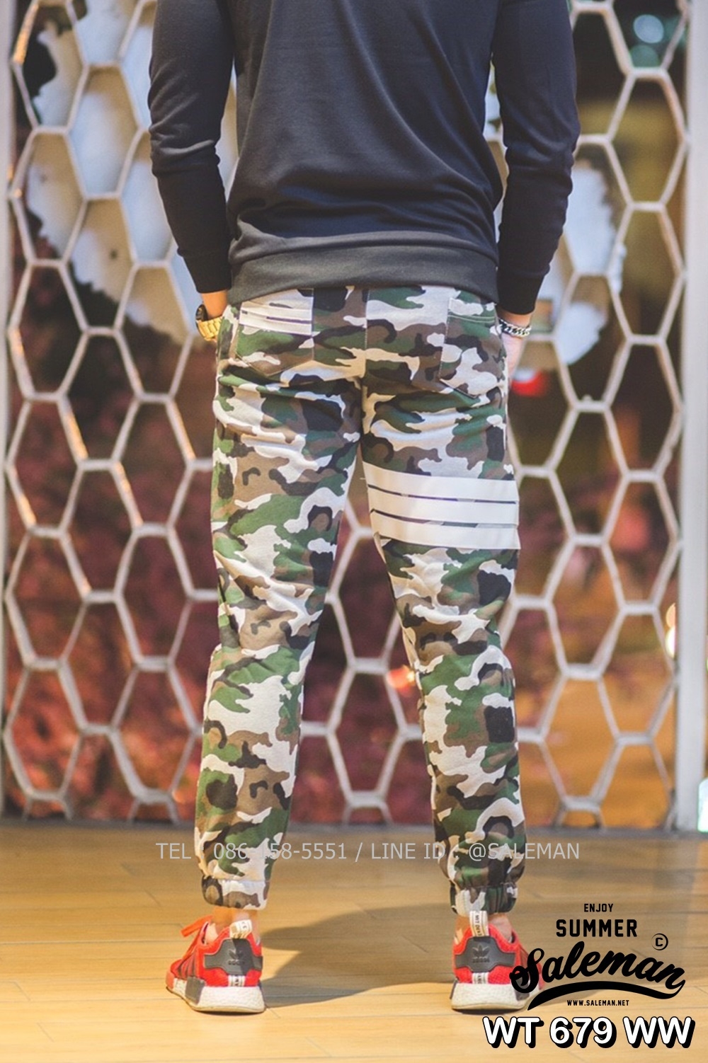 กางเกง Jogger ขาจั๊ม พรีเมี่ยม ผ้า วอร์ม รหัส WT 679 WW สีทหาร แถบ ขาว