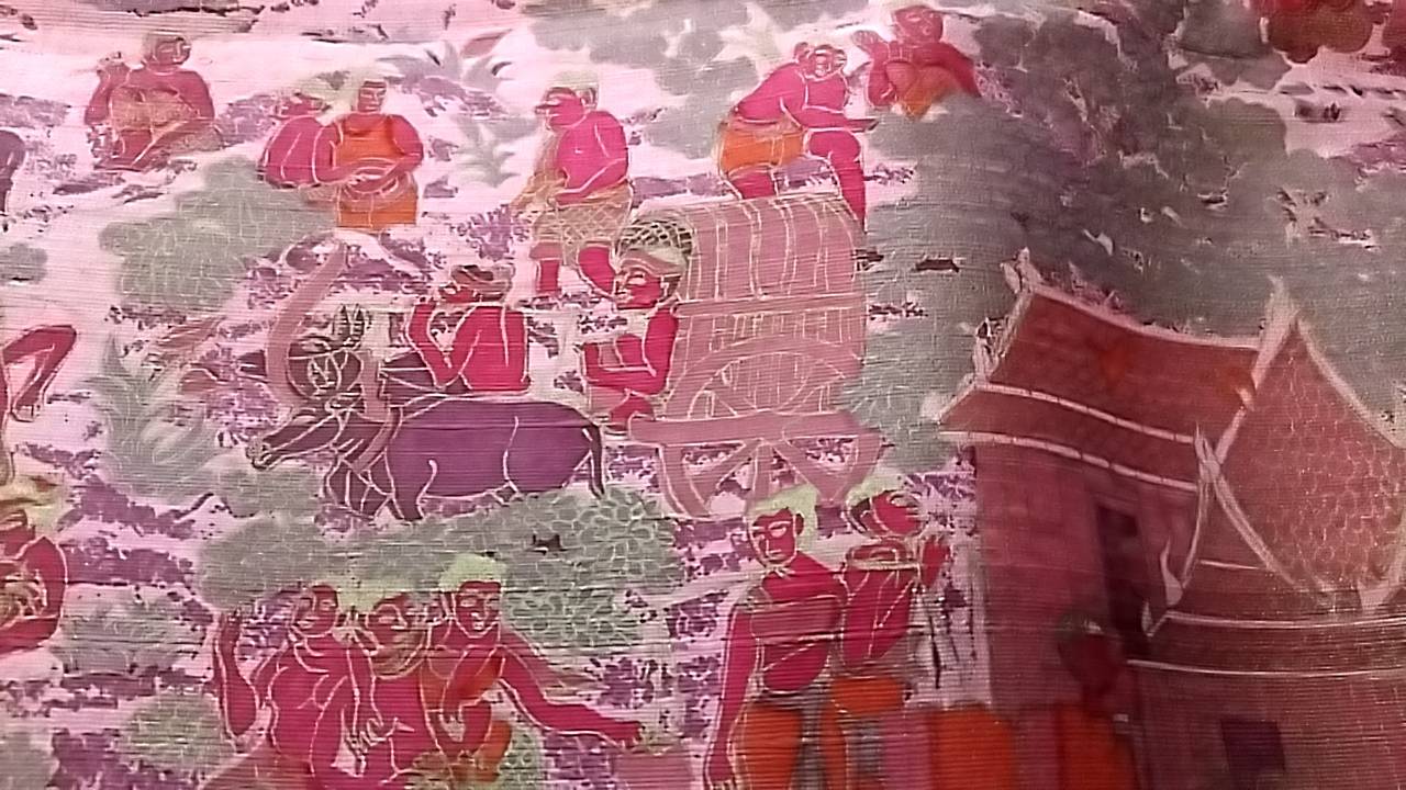 ผ้าไหมพิมพ์ลาย เนื้อเรียบ (ราคาต่อหลา) ลายวิถีไทย พื้นสีชมพู รหัส A4-NY-042368