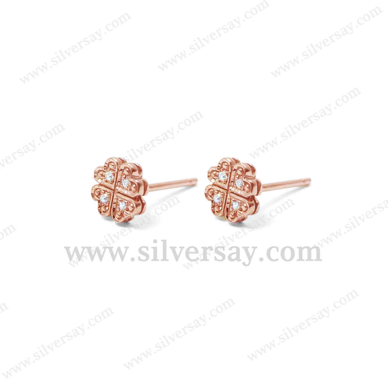 ต่างหูใบโคลเวอร์จิ๋ว Clover 4/ฝังเพชรสวิส/ตัดขอบ/5 มม./สีทองชมพูโรสโกลด์