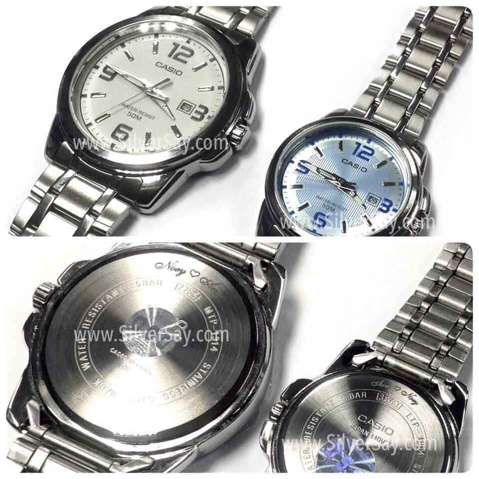 สลักชื่อคู่รัก "Noey ♥ Arm" บนนาฬิกาชาย-หญิง CASIO
