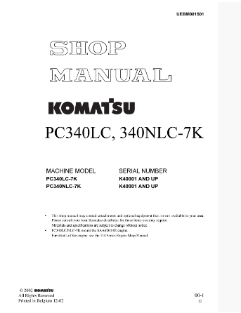 หนังสือ คู่มือซ่อม วงจรไฟฟ้า วงจรไฮดรอลิก จักรกลหนัก PC340LC-7K K40001 , PC340NLC-7K K40001 (ทั้งคัน) EN