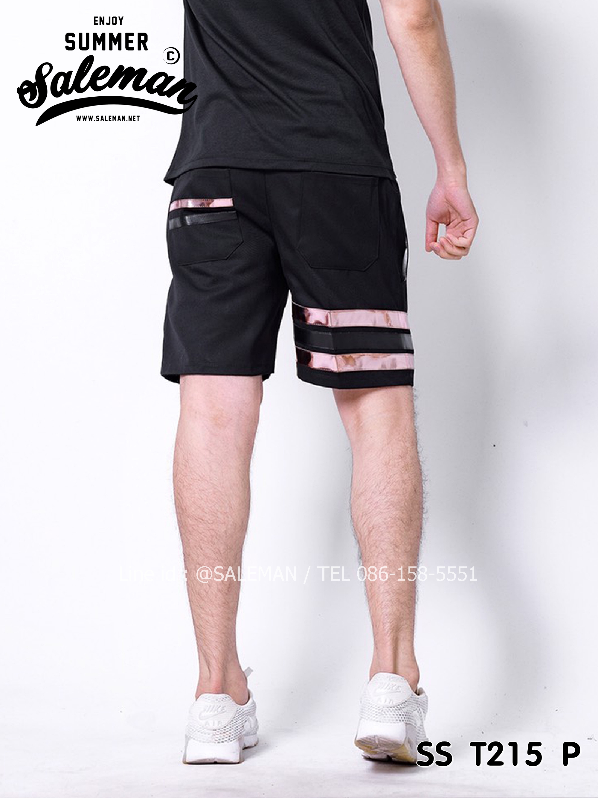 กางเกงขาสั้น พรีเมี่ยม ผ้า COTTON รหัส SST 215 P สีดำ แถบชมพู SUMMER SALE