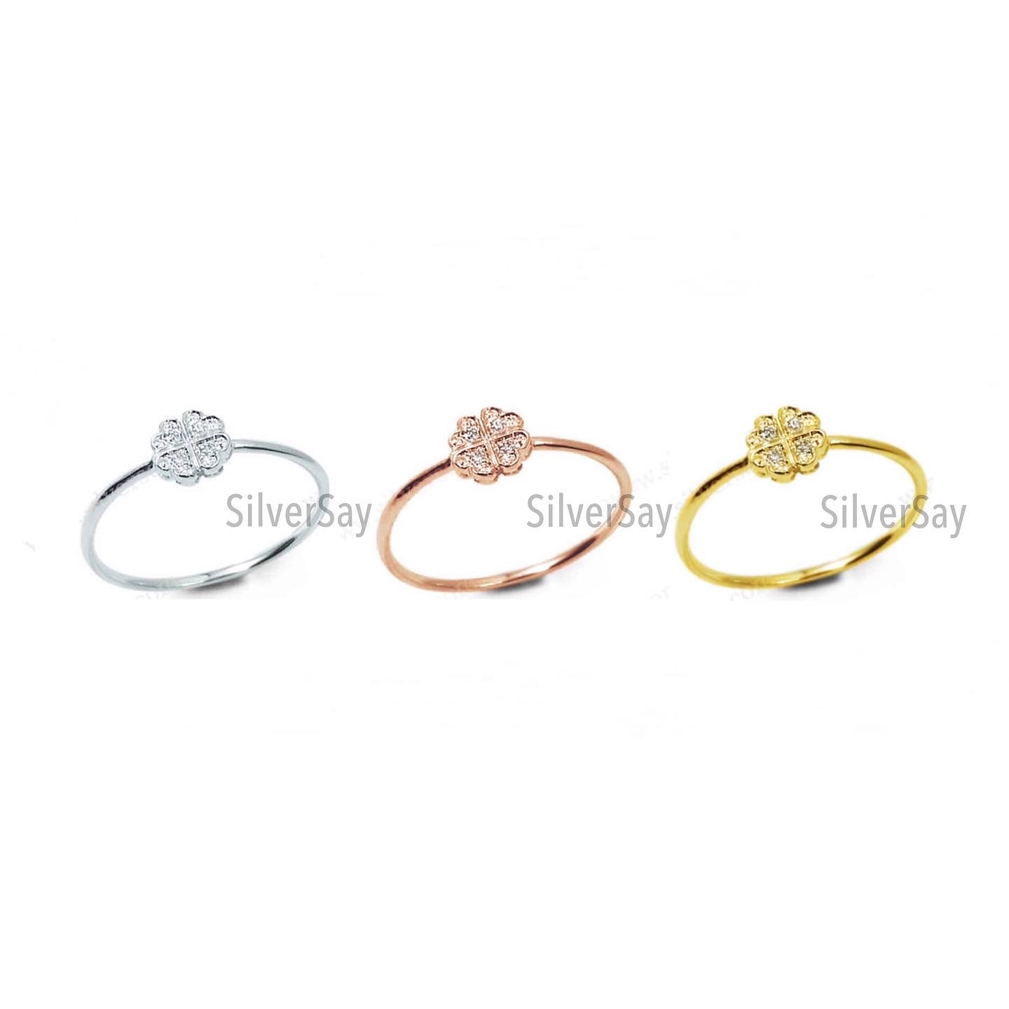 แหวนใบโคลเวอร์จิ๋ว Clover 4/ตัดขอบ/ฝังเพชรสวิส/สีทองชมพู