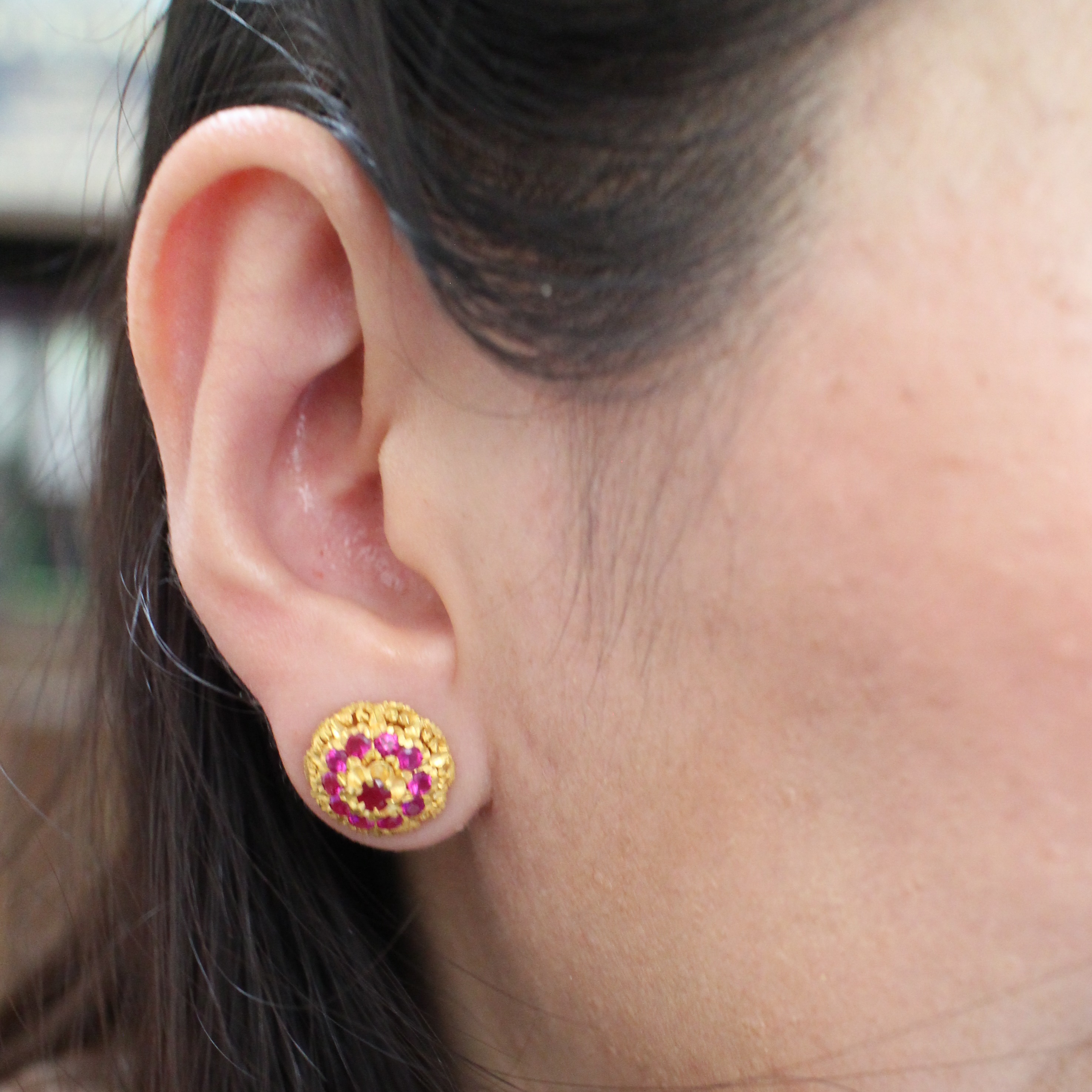 ER25212 ต่างหูทับทิมพม่าทรงพุ่ม ทองแท้ 90% นน.รวม 8 กรัม มีใบเซอร์ SGL