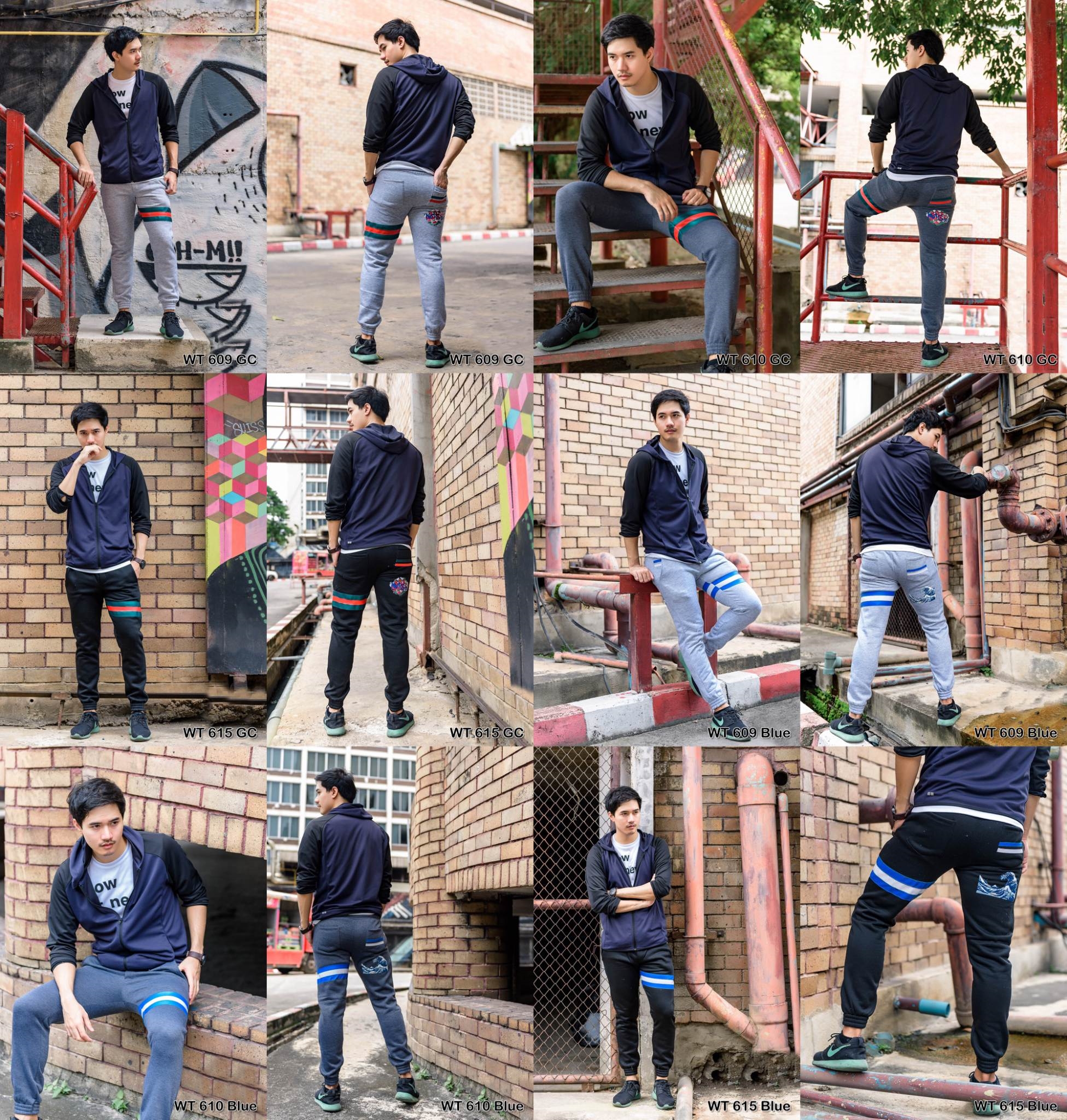 กางเกง JOGGER พรีเมี่ยม ผ้าวอร์ม รหัส WT 615 Blue สีดำ แถบฟ้า
