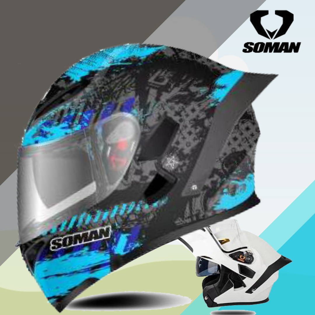 SOMAN - หมวกกันน็อคยกคาง มีแว่นในตัว แถม สปอยเลอร์ + บลูทูธ + ชิวปรอท สีฟ้า Blue Spark