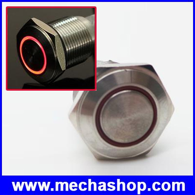 สวิทซ์กดติดปล่อยดับ มีไฟ LED วงแหวนสีแดง 12V 16mm Flat round momentary ring lamp waterproof IP67 switch 1635F
