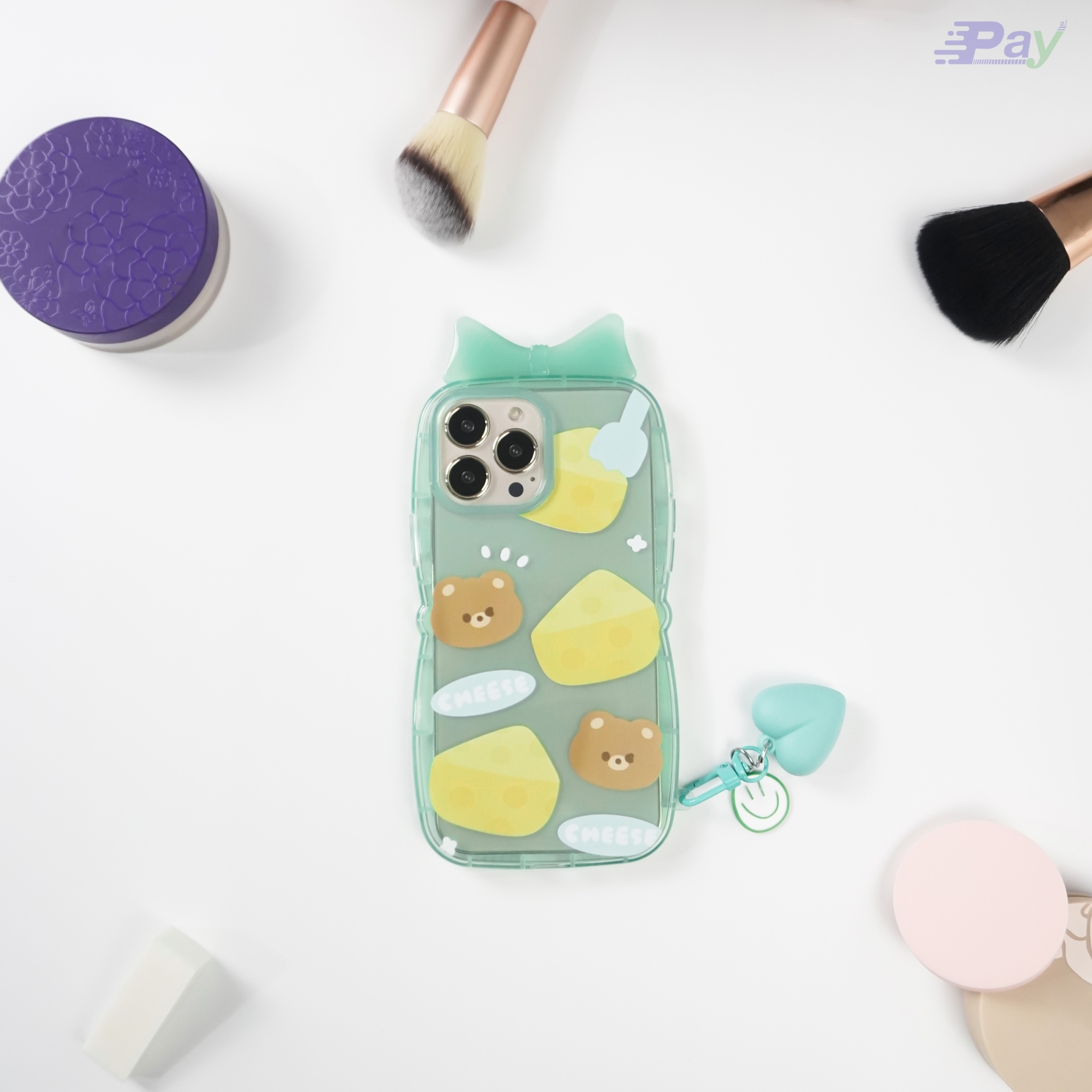 เคสโทรศัพท์ iPhone เคสมีโบว์ พร้อมพวงกุญแจรูปหัวใจ กันกระแทก สำหรับ11/12/12Pro/13/13ProMax