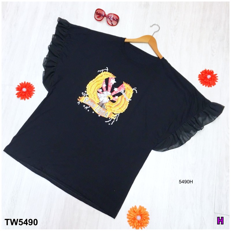 Dress #สาวอวบ แต่งแขนชีฟองระบาย สกรีนลายนก Lasu Wild TW5490