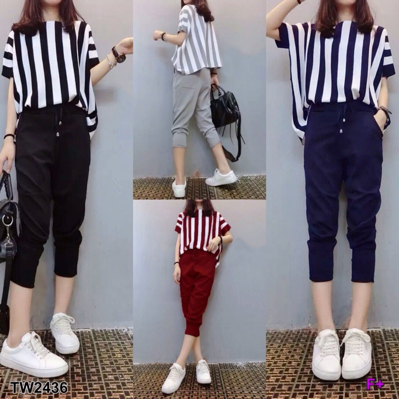 Set เสื้อแขนสั้นลายริ้วผ้าไหมอิตาลี่ กับกางเกงทรงจิงโจ้ TW2436
