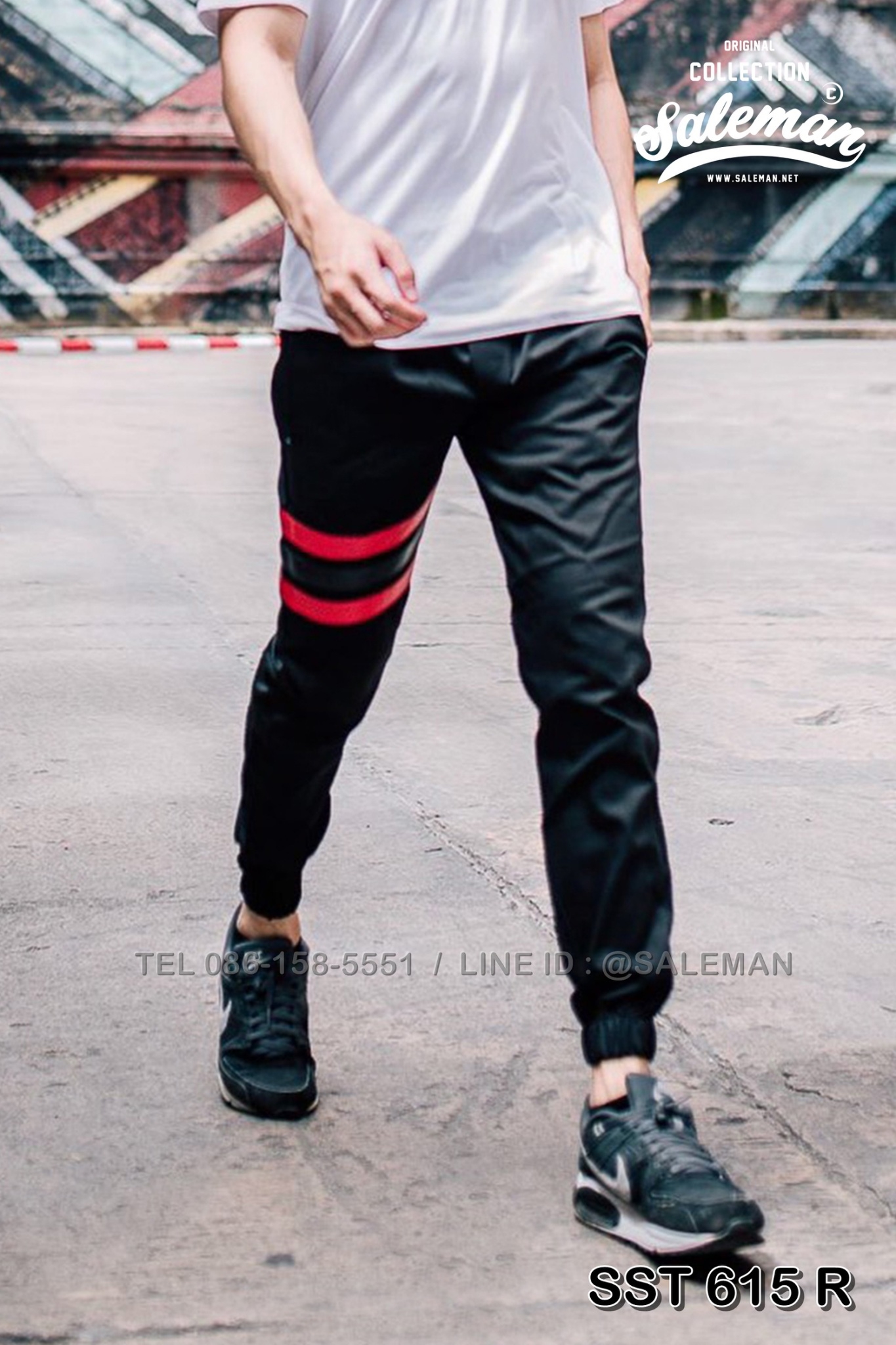 กางเกง JOGGER พรีเมี่ยม ผ้า COTTON รหัส SST 615 R สีดำ แถบแดง