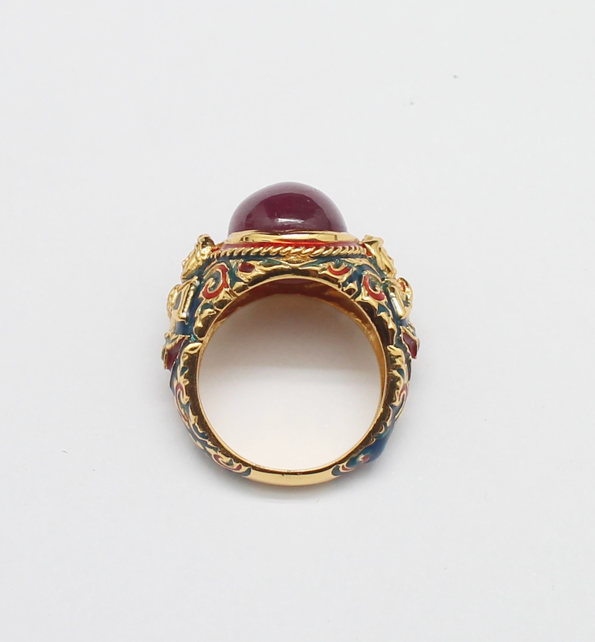 SI193 แหวนทับทิมหลังเบี้ยตัวเรือนลงยาลายเทพพนม เงินแท้ 92.5% นน. 18 กรัม Size 65