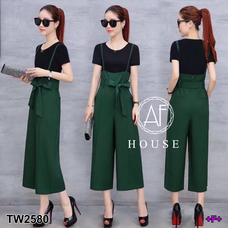 Set 2 ชิ้น เสื้อยืด+เอี้ยมเอวสูงขายาว ผูกโบว์ TW2580