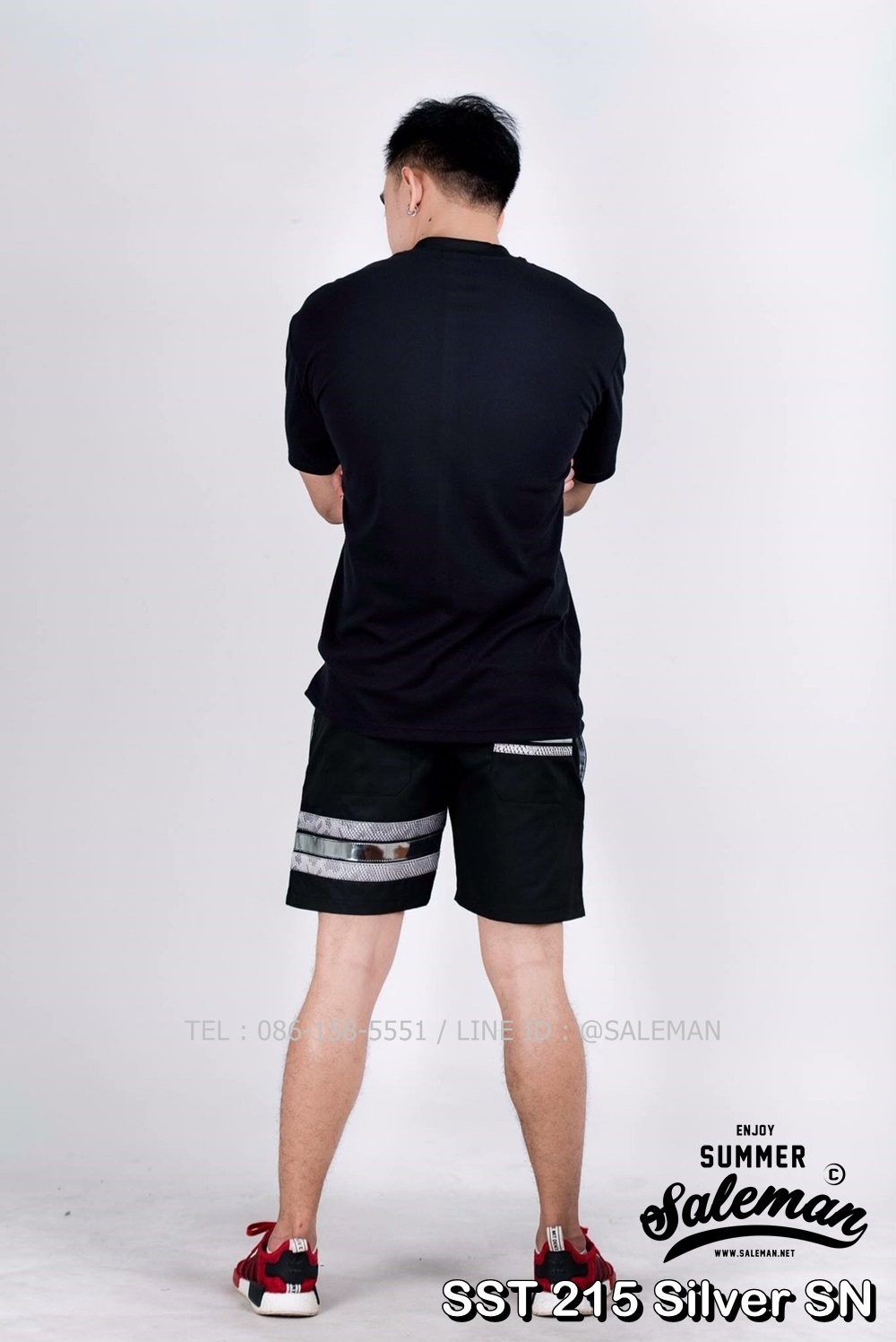 กางเกงขาสั้น พรีเมี่ยม ผ้า COTTON รหัส SST 215 Silver SN สีดำ แถบงูเงิน