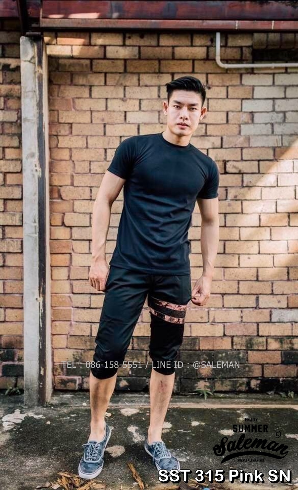 กางเกงสามส่วน พรีเมี่ยม ผ้า COTTON รหัส SST 315 Pink SN สีดำ แถบชมพูงู