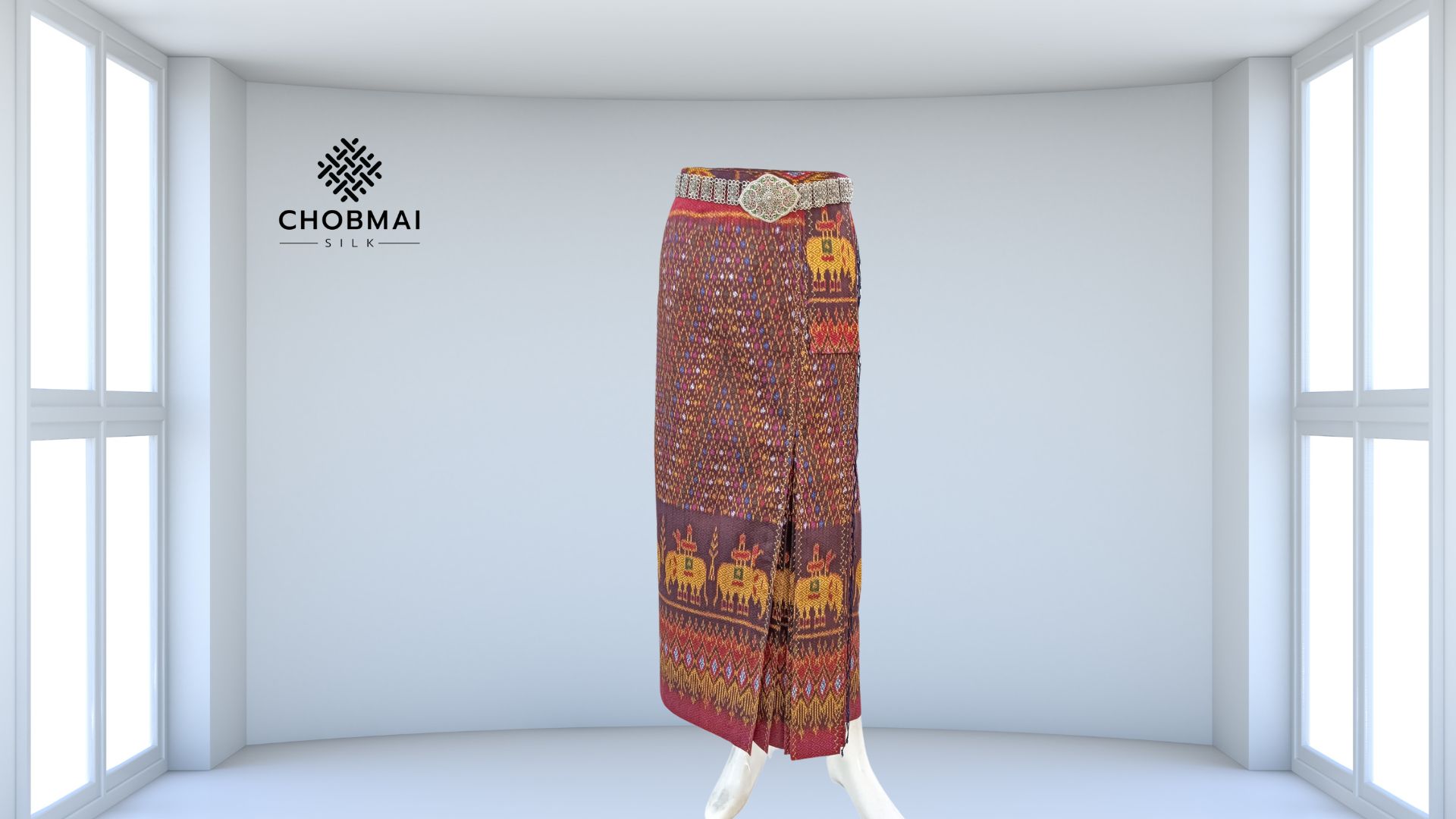 สั่งตัดเย็บกระโปรงผ้าไหม ตัดเป็นหน้านางข้างทวิต พร้อมแต่งชายพก (ไม่รวมผ้า) ก รหัส CUT-PT0041