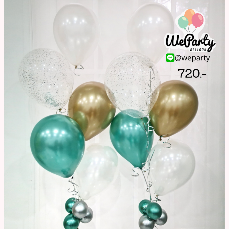 ช่อลูกโป่งลอย2ช่อ Chrome Gold, Chrome Green, Silver Glitter & Pearl White (with Helium) (10 pcs)(สนใจสั่งซื้อผ่าน Line:@weparty))